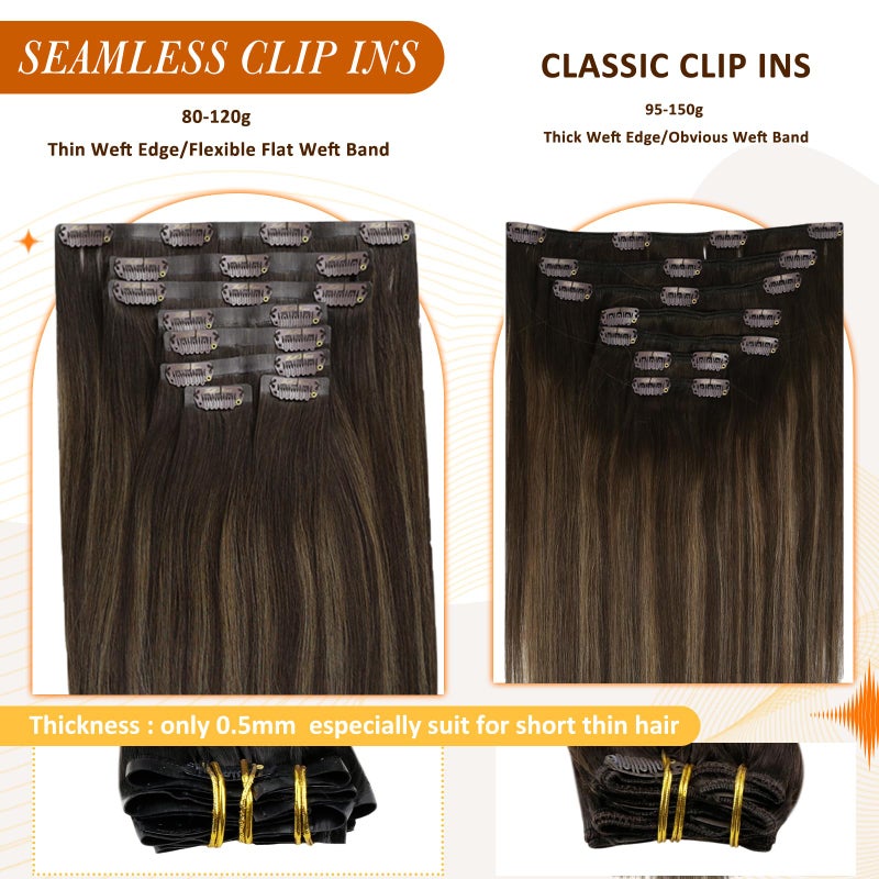 Full Shine Human Hair Clip in Extensions Balayage Dark Brown to Ash Brown Highlights Hair Extension Clip ins with Thick Ends for Women 18 Inch 120 Grams 8 PCS - Image 5