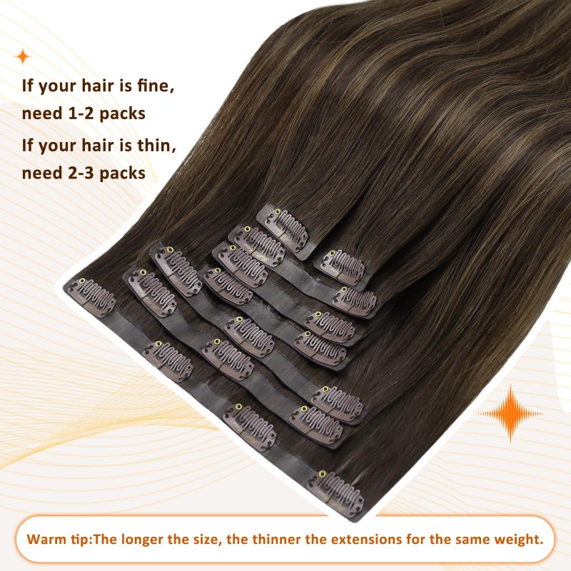 Full Shine Human Hair Clip in Extensions Balayage Dark Brown to Ash Brown Highlights Hair Extension Clip ins with Thick Ends for Women 18 Inch 120 Grams 8 PCS - Image 3