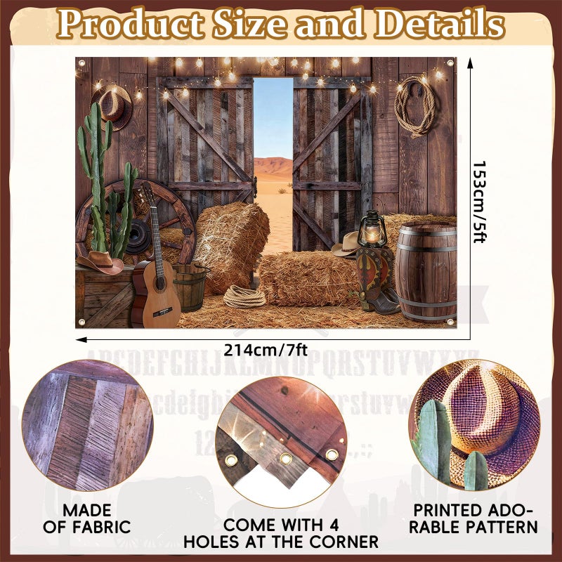 Kreyfer 7 x 5 FT Western Barn Cowboy Backdrop â€“ Rustic Farmhouse Photography Background with Hay Bales, Wooden Doors, Cactus, and String Lights for Country Party, Rodeo, and Farm-Themed Decorations - Image 2