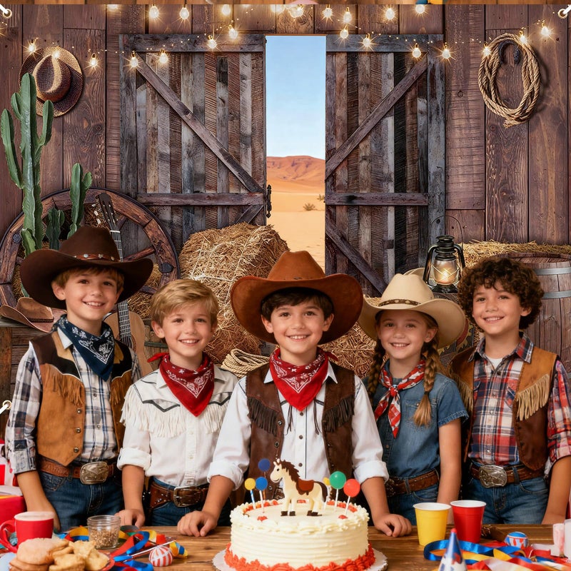 Kreyfer 7 x 5 FT Western Barn Cowboy Backdrop â€“ Rustic Farmhouse Photography Background with Hay Bales, Wooden Doors, Cactus, and String Lights for Country Party, Rodeo, and Farm-Themed Decorations - Image 4