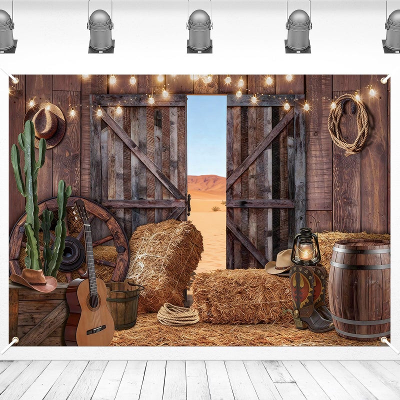 Kreyfer 7 x 5 FT Western Barn Cowboy Backdrop â€“ Rustic Farmhouse Photography Background with Hay Bales, Wooden Doors, Cactus, and String Lights for Country Party, Rodeo, and Farm-Themed Decorations - Image 1