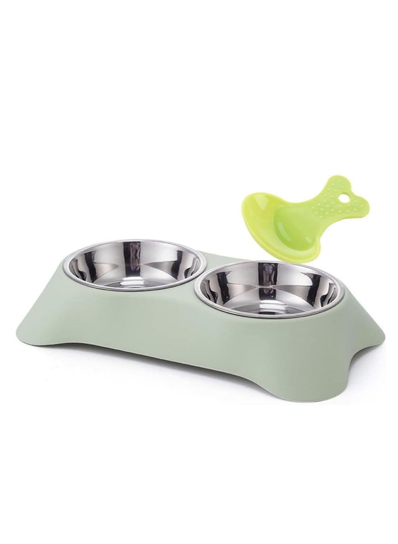 Double Dog Bowl Non Slip Non spill Stainless Steel Double Bowl with 1 Pet Food Spoop For Small Dogs and Cats S Green - Image 1