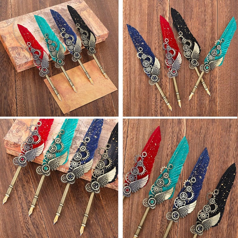 AIYNC Feather Calligraphy Pen Ink Set, Mechanical Feather Pen and Wooden Dip Pen, 5 Colors of Ink, 12 Replacement Nibs, Pen Holder, Envelope and Letter Paper (Green) - Image 4