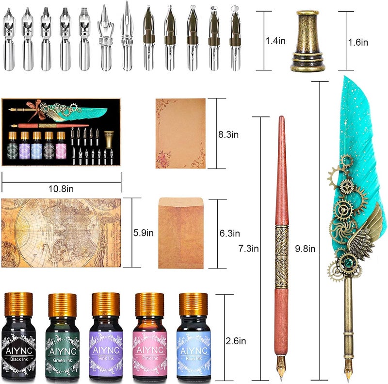 AIYNC Feather Calligraphy Pen Ink Set, Mechanical Feather Pen and Wooden Dip Pen, 5 Colors of Ink, 12 Replacement Nibs, Pen Holder, Envelope and Letter Paper (Green) - Image 2