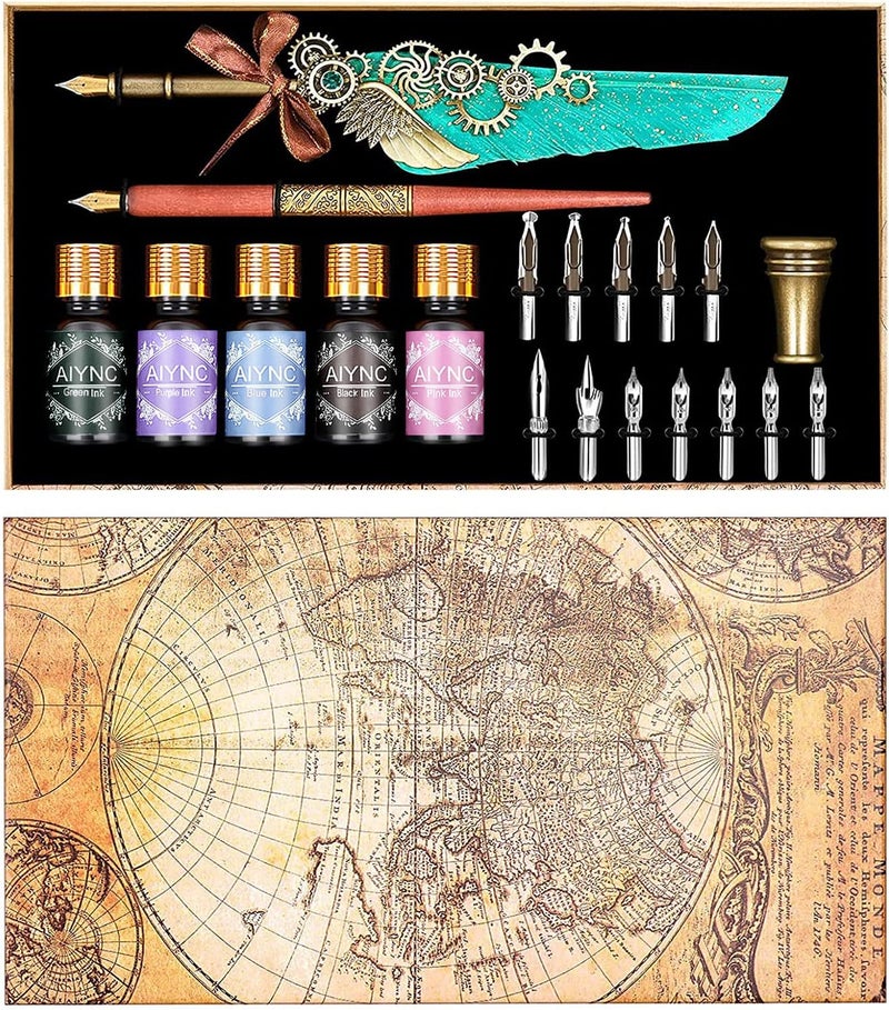 AIYNC Feather Calligraphy Pen Ink Set, Mechanical Feather Pen and Wooden Dip Pen, 5 Colors of Ink, 12 Replacement Nibs, Pen Holder, Envelope and Letter Paper (Green) - Image 1