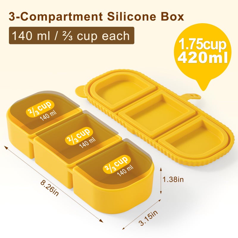 LOROTOCO Silicone Snack Containers for Kids, 3-Compartment Reusable Small Snackle Box with Airtight Lids for Lunchable, Sauce, School, Travel, Workï¼ˆ1Pack-14ozï¼‰ - Image 2