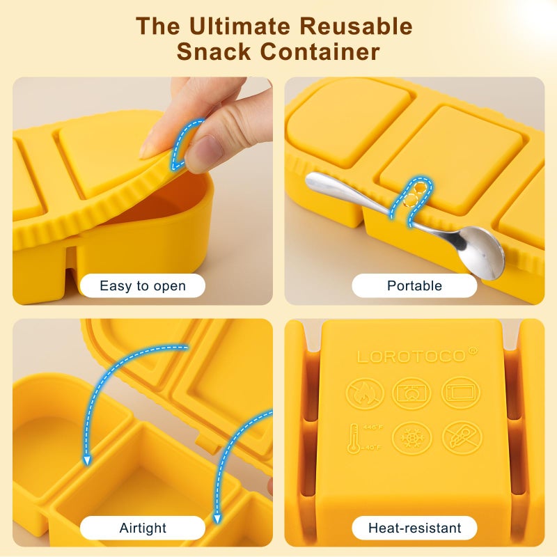 LOROTOCO Silicone Snack Containers for Kids, 3-Compartment Reusable Small Snackle Box with Airtight Lids for Lunchable, Sauce, School, Travel, Workï¼ˆ1Pack-14ozï¼‰ - Image 4