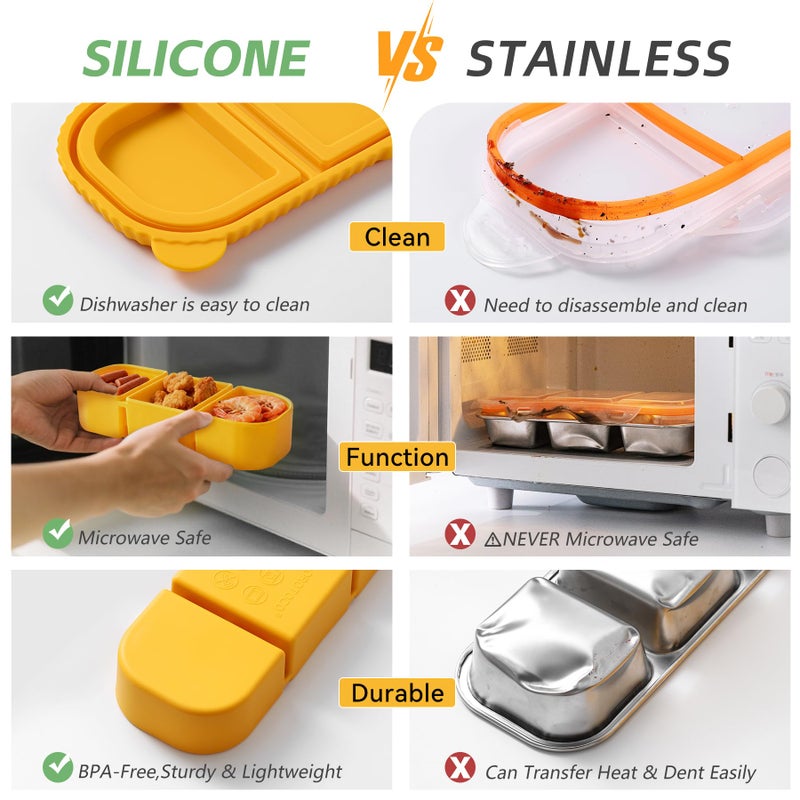 LOROTOCO Silicone Snack Containers for Kids, 3-Compartment Reusable Small Snackle Box with Airtight Lids for Lunchable, Sauce, School, Travel, Workï¼ˆ1Pack-14ozï¼‰ - Image 3