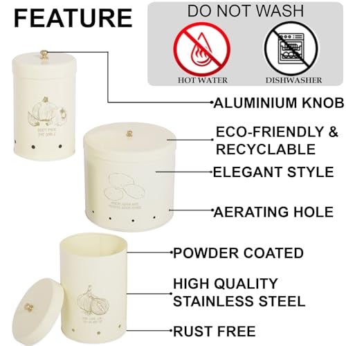 Elan Country Potato/Onion/Garlic Stainless Steel Storage Bins (Set of 3) (Off-White) - Image 4