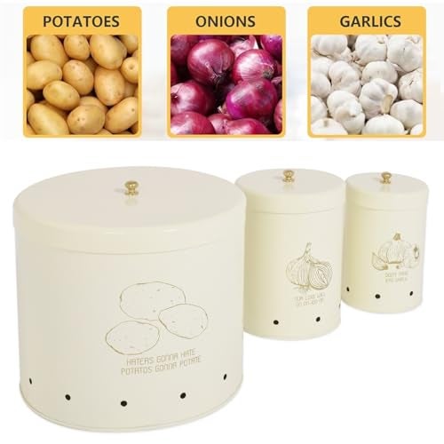 Elan Country Potato/Onion/Garlic Stainless Steel Storage Bins (Set of 3) (Off-White) - Image 3