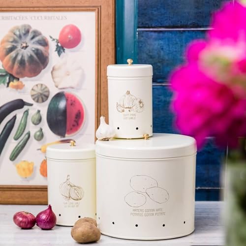 Elan Country Potato/Onion/Garlic Stainless Steel Storage Bins (Set of 3) (Off-White) - Image 1