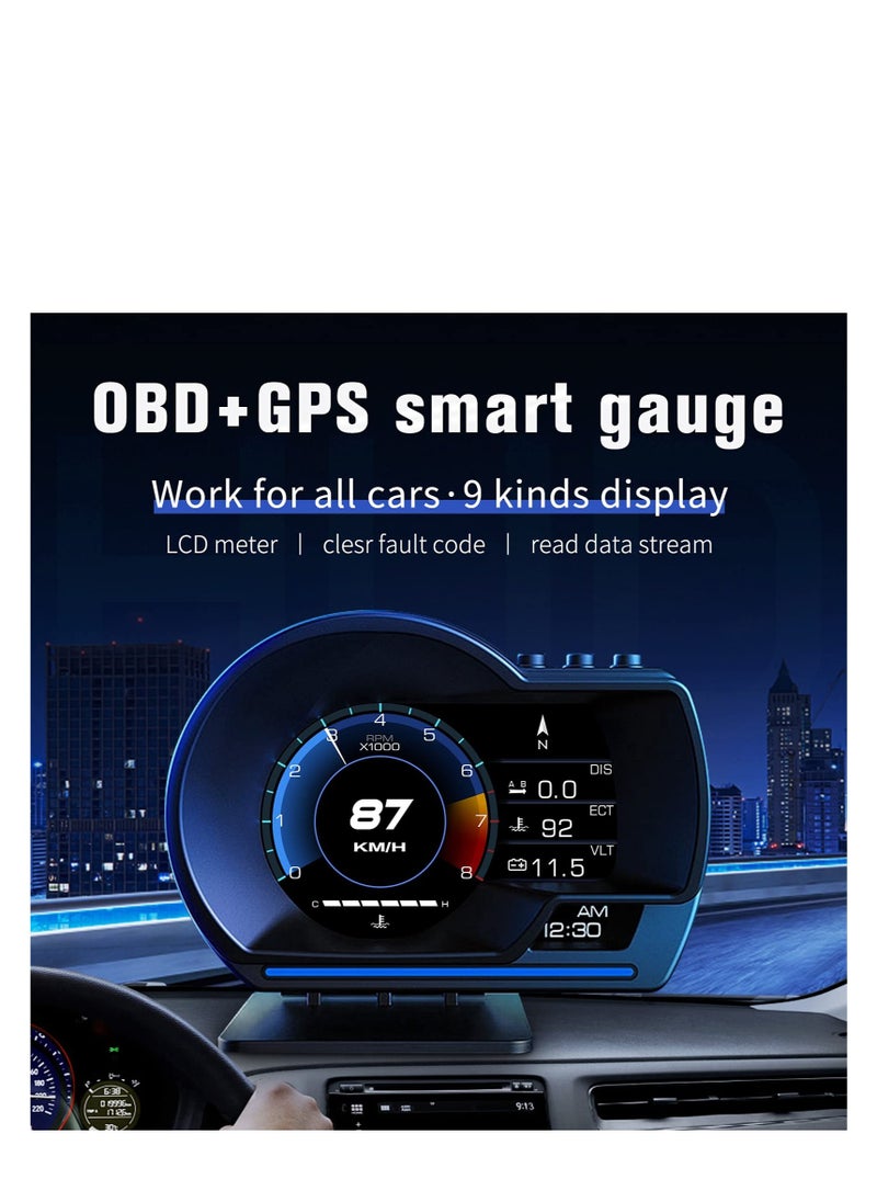 Excefore - Car HUD Head Up Display P6, OBD Gauge Display+GPS Speedometer Dual System Smart Gauge Display, speed alarm, water temperature alarm, Works Great for Most Cars - Image 1