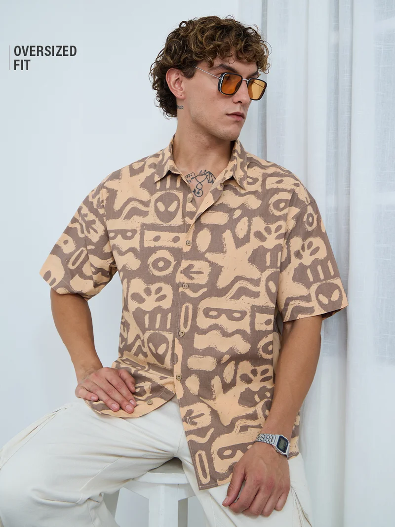The Souled Store Oversized Shirt: Abstract Print Men and Boys Short Sleeves Cuban Collar Cotton Relaxed Fit Casual Shirts