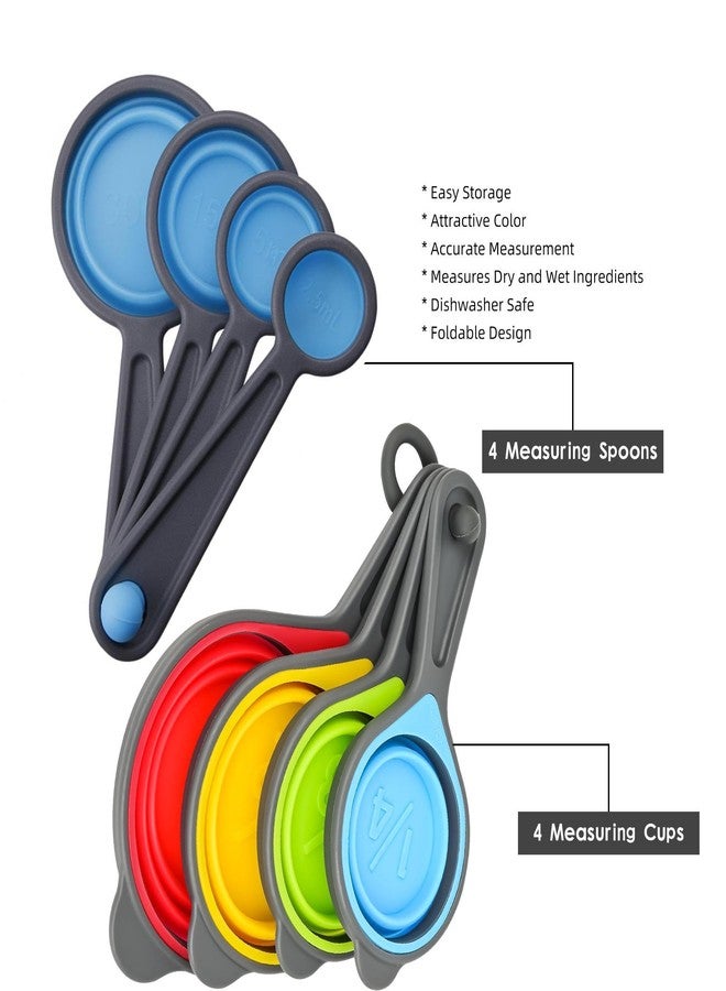 Kalsreui Measuring Cups and Spoons set, Collapsible Measuring Cups, 8 pieces Measuring Cups&Spoons Set, Engraved Metric & US Markings for Liquid&Dry Measuring, Space Saving, BPA Free Colorful Silicone - Image 4