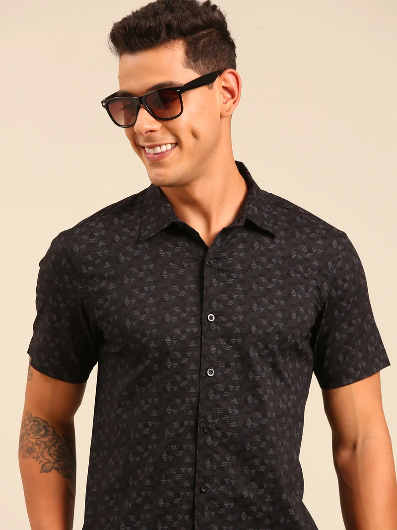 Joven Black Printed Cotton Shirt for Men