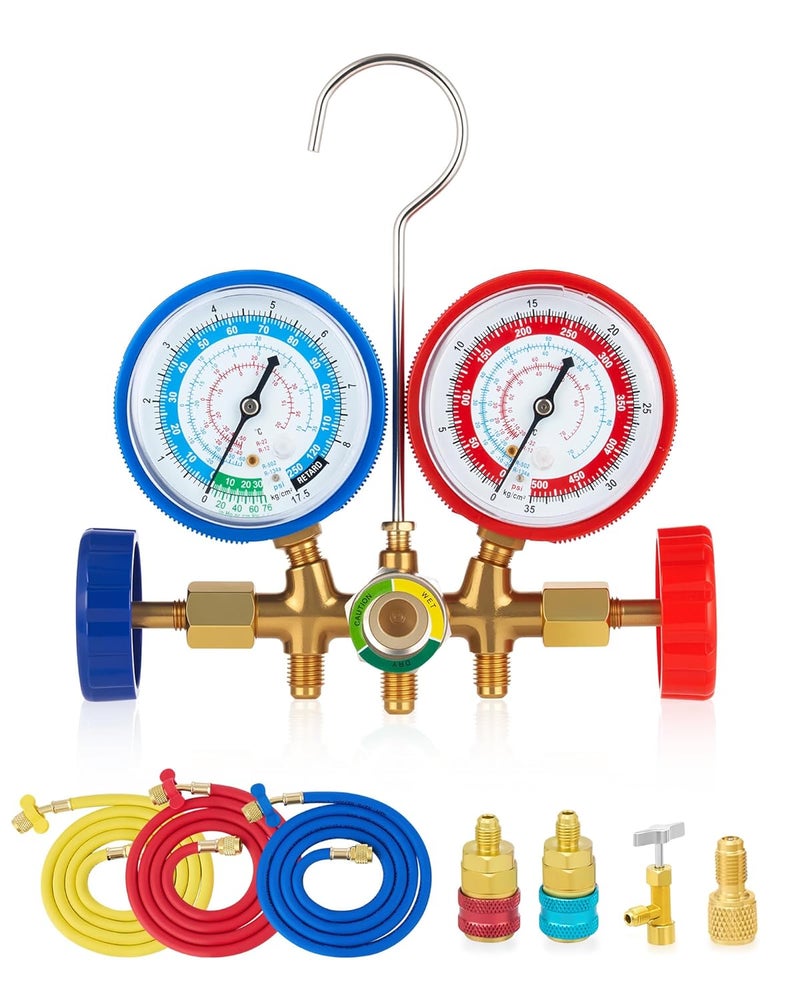 Orion Motor Tech مجموعة عدادات تكييف هواء أورايون موتور تك لسيارات R134a R12 R22 R502 مجموعة عدادات مانيفولد ثلاثية مع خراطيم موصلة بطول 5 أقدام ومهايئات ومحول لعلبة R134A مجموعة إعادة شحن الفريون لنظام التدفئة والتهوية وتكييف الهواء - Image 1