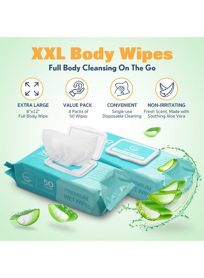 AllSett Health Wipes for Adults Bathing No Rinse - Adult Wipes for Elderly 8" x 12" (200 count) Shower Wipes for Adults No Rinse, Incontinence Disposable Washcloths, Aloe Vera, Vitamin E +4 Indivdual Wipes - Image 1
