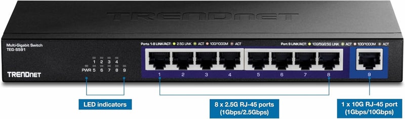 Trendnet 9-Port Multi-Gig Switch, TEG-S591, 8 x 2.5G RJ-45 Ports, 1 x 10G RJ-45 Port, 60Gbps Switching Capacity, Ethernet Splitter, NDAA & TAA Compliant, Lifetime Protection, Black - Image 3