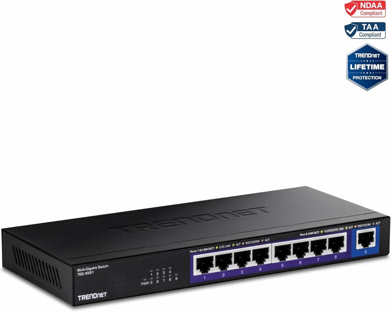 Trendnet 9-Port Multi-Gig Switch, TEG-S591, 8 x 2.5G RJ-45 Ports, 1 x 10G RJ-45 Port, 60Gbps Switching Capacity, Ethernet Splitter, NDAA & TAA Compliant, Lifetime Protection, Black - Image 5
