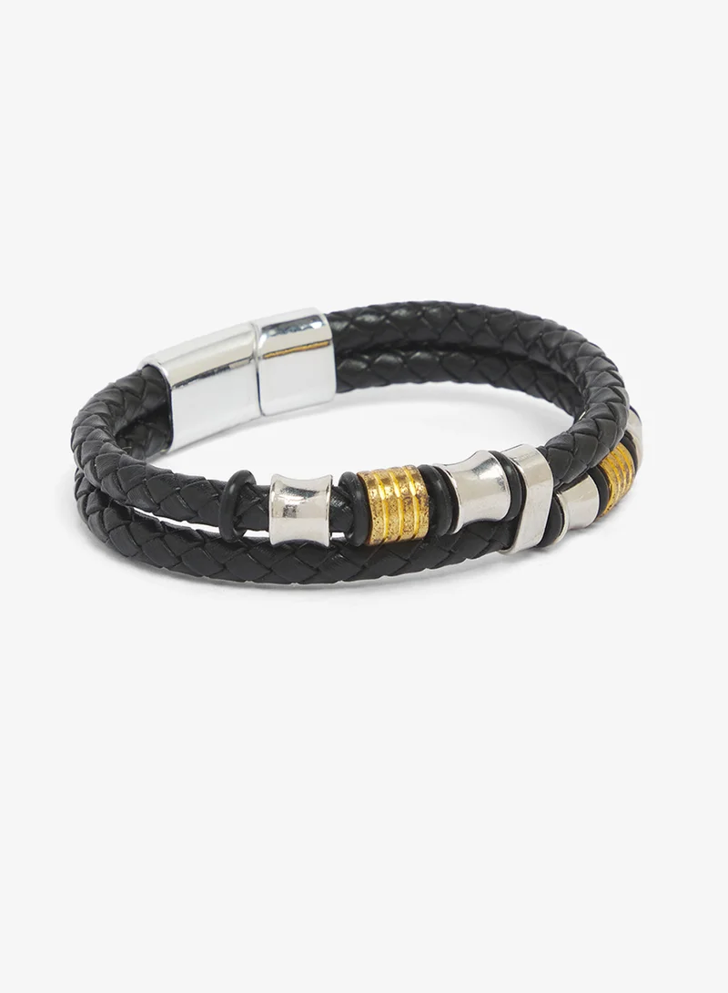 Seventy Five Leather Bracelet with Stainless Steel And Metal Accents