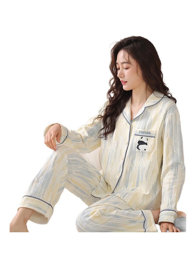 YUZHAOLIN Women'S Pajamas, Skin-Friendly, Solid Color Gradient Striped, Cute Panda Embroidery, Spring And Autumn Long-Sleeve Long Pants, Home Wear Set - Image 1