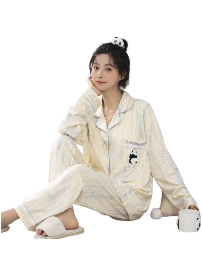 YUZHAOLIN Women'S Pajamas, Skin-Friendly, Solid Color Gradient Striped, Cute Panda Embroidery, Spring And Autumn Long-Sleeve Long Pants, Home Wear Set - Image 3