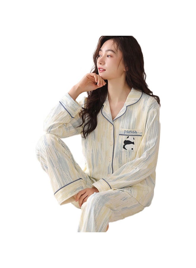 YUZHAOLIN Women'S Pajamas, Skin-Friendly, Solid Color Gradient Striped, Cute Panda Embroidery, Spring And Autumn Long-Sleeve Long Pants, Home Wear Set - Image 2