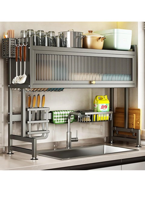 Multifunctional Kitchen Countertop Sink Storage Rack Drain Rack, Dustproof Cupboard with Cabinet Door for Dish Storage 85*28*79CM