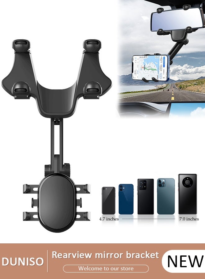 DUNISO Rearview Mirror Phone Holder for Car-360° Rotatable and Retractable Car Phone Holder with Adjustable Length Upgraded Multifunctional Rearview Mirror Phone Holder for All Mobile Phones and All Car - Image 1