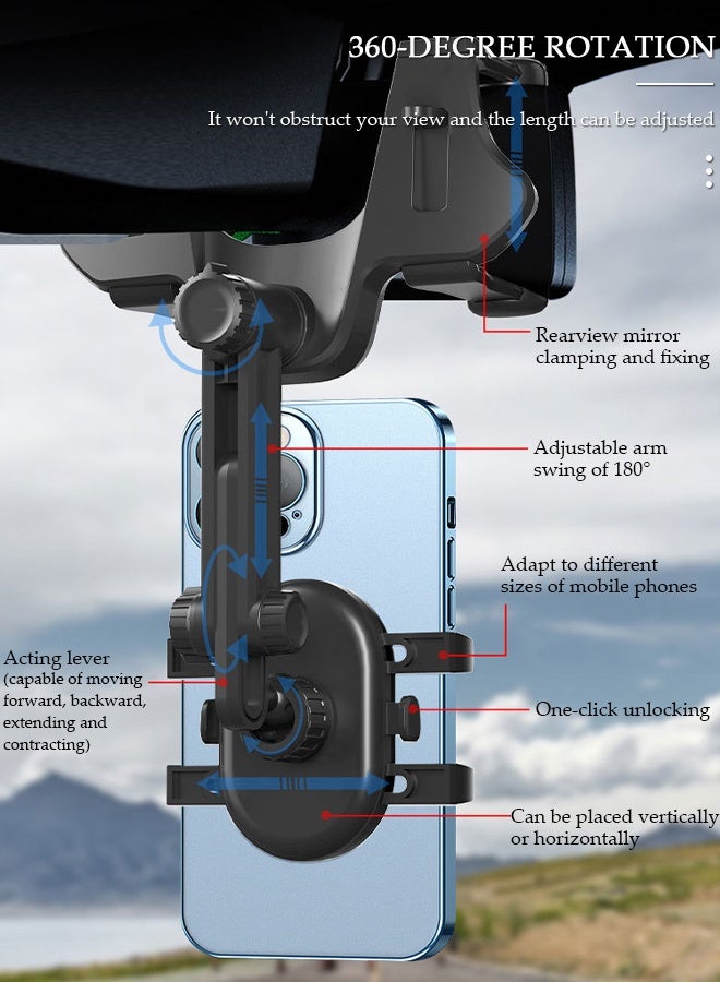 DUNISO Rearview Mirror Phone Holder for Car-360° Rotatable and Retractable Car Phone Holder with Adjustable Length Upgraded Multifunctional Rearview Mirror Phone Holder for All Mobile Phones and All Car - Image 3