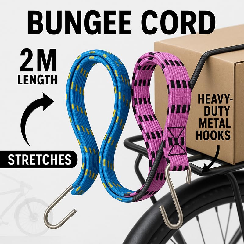 PINACO INDIA Heavy-Duty Bungee Cord | 2M to 3M Stretchable Elastic Rope with Steel Hooks | Adjustable Nylon Strap for Bike, Motorcycle & Cargo (Multicolour) (Bungee Cord 5, Pack of 2) - Image 3