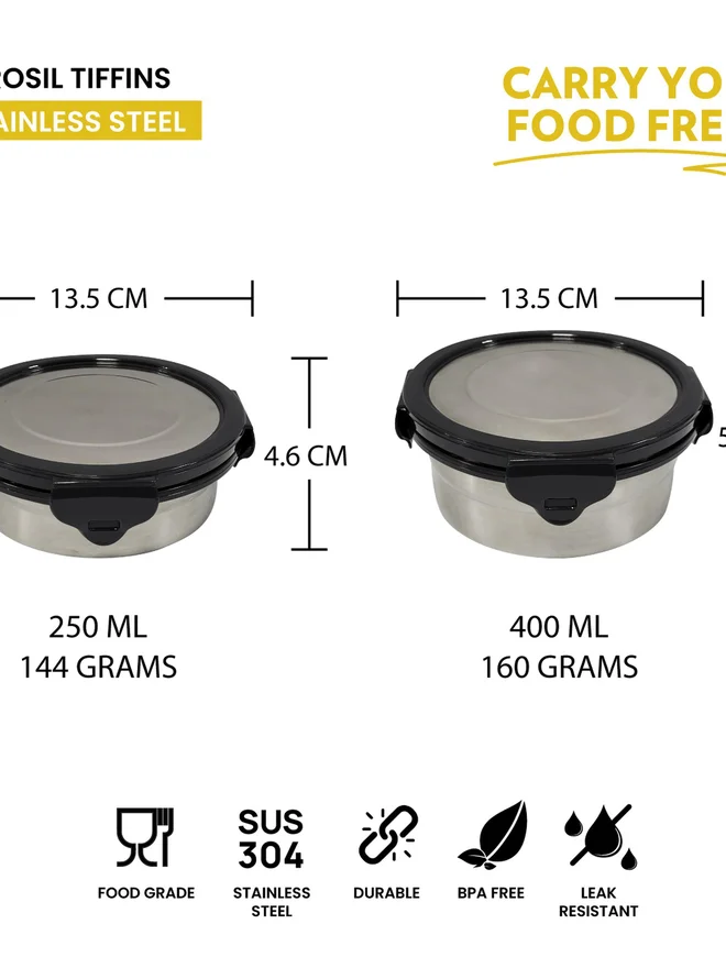 بوروسيل طقم علب غداء دائرية من الستانلس ستيل  قطع مع حقيبة حمل  و  مل - أصفر