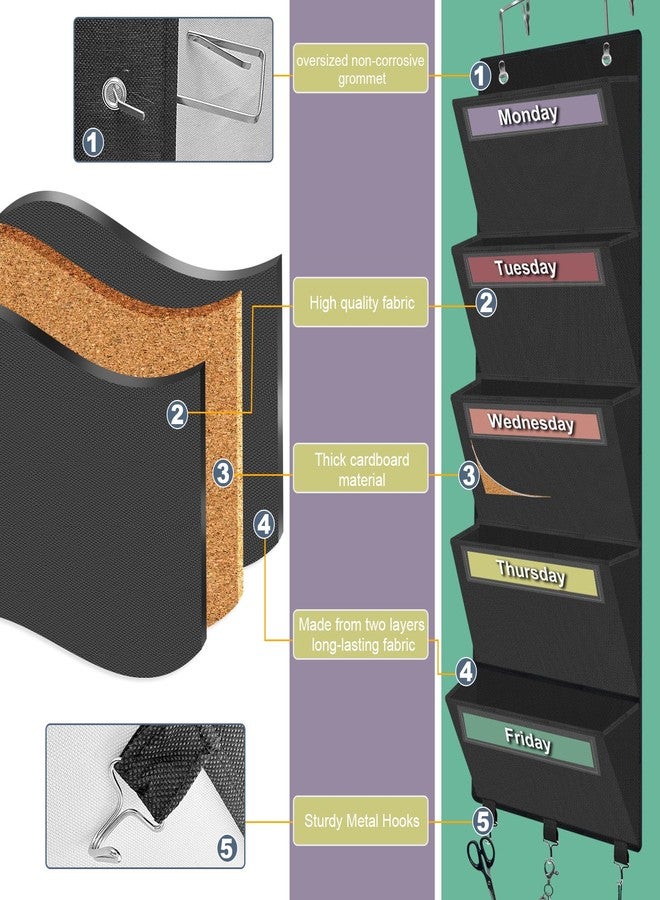 Homyfort Weekly Over the Door File Organizer, Hanging File Folders Wall Organizer with 5 Large Pockets for Papers, Charts, Mails, Magazine, Office and Back To School Supplies Storage and Organization (Black) - Image 4