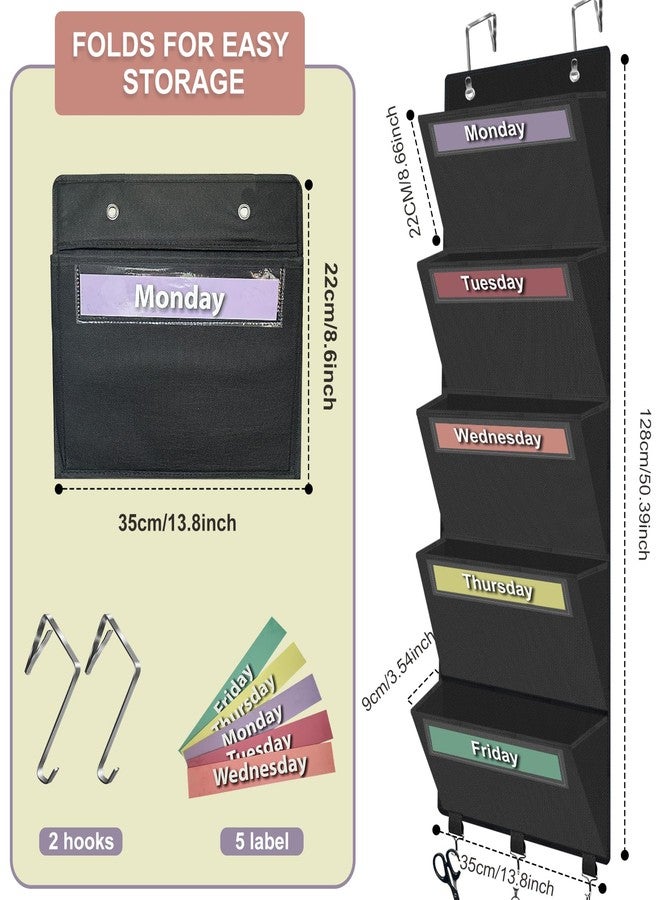 Homyfort Weekly Over the Door File Organizer, Hanging File Folders Wall Organizer with 5 Large Pockets for Papers, Charts, Mails, Magazine, Office and Back To School Supplies Storage and Organization (Black) - Image 5