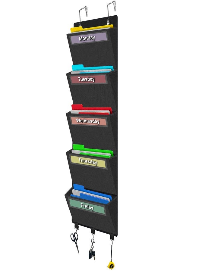 Homyfort Weekly Over the Door File Organizer, Hanging File Folders Wall Organizer with 5 Large Pockets for Papers, Charts, Mails, Magazine, Office and Back To School Supplies Storage and Organization (Black) - Image 1