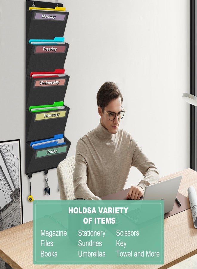 Homyfort Weekly Over the Door File Organizer, Hanging File Folders Wall Organizer with 5 Large Pockets for Papers, Charts, Mails, Magazine, Office and Back To School Supplies Storage and Organization (Black) - Image 2