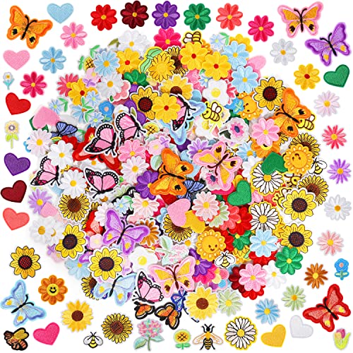 NICEVINYL Random Iron on Patches for Clothing: 120PCS Flower Heart Patch Iron on Cute Butterfly Embroidered Sew Applique Repair Patches for Jeans Jackets Backpacks - Image 1