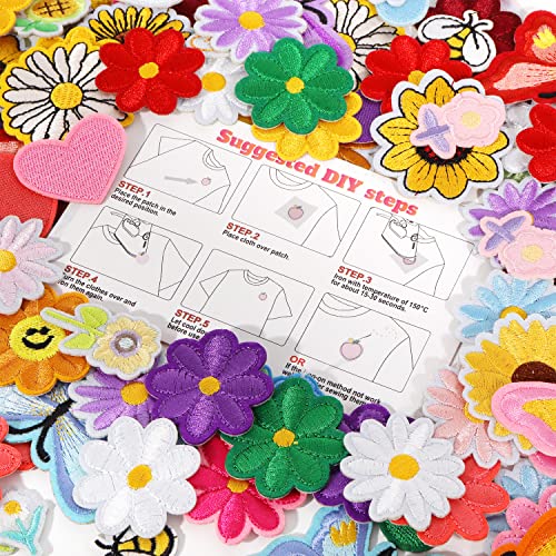 NICEVINYL Random Iron on Patches for Clothing: 120PCS Flower Heart Patch Iron on Cute Butterfly Embroidered Sew Applique Repair Patches for Jeans Jackets Backpacks - Image 2