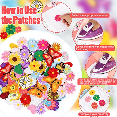 NICEVINYL Random Iron on Patches for Clothing: 120PCS Flower Heart Patch Iron on Cute Butterfly Embroidered Sew Applique Repair Patches for Jeans Jackets Backpacks - Image 4