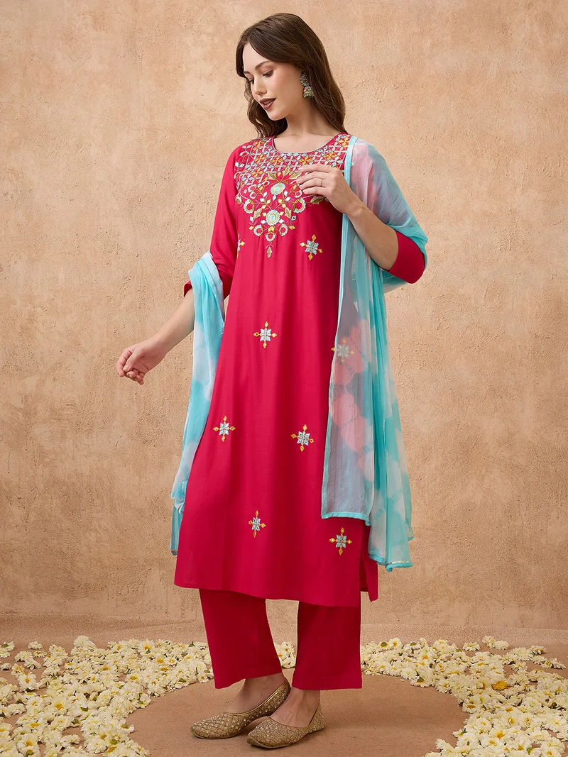globus Women Floral Embroidered Straight Kurta With Pants & Tie-Dye Dupatta Workwear Set
