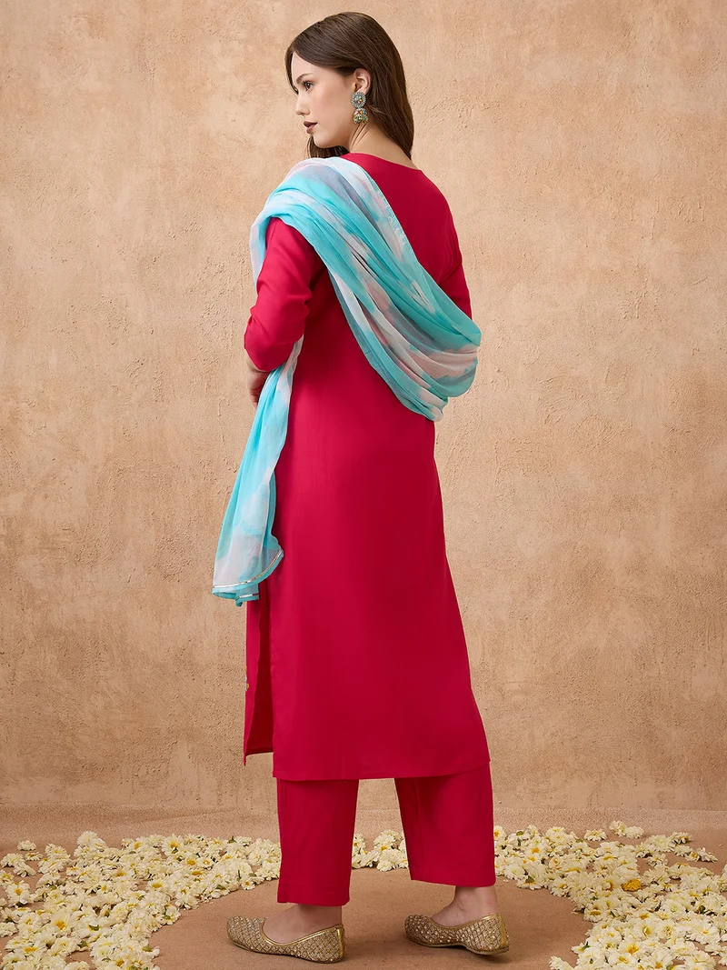 globus Women Floral Embroidered Straight Kurta With Pants & Tie-Dye Dupatta Workwear Set