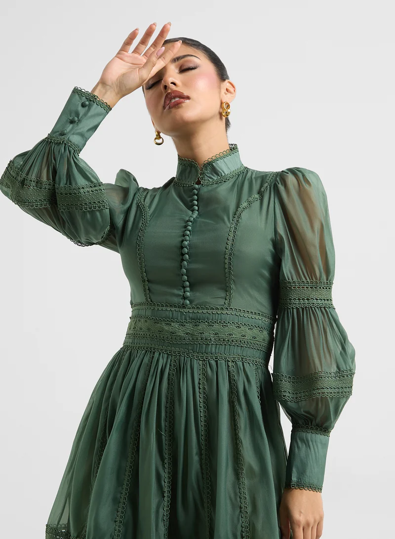 Khizana Puff Sleeve Dress With Lace Trim