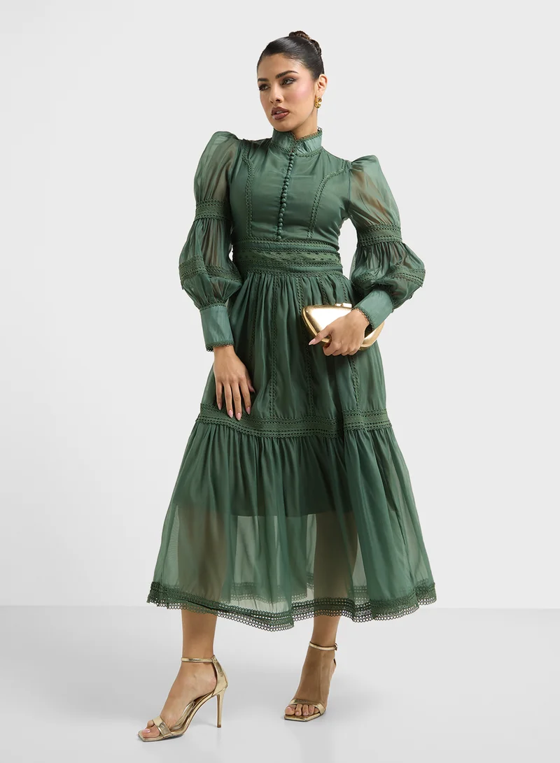 Khizana Puff Sleeve Dress With Lace Trim