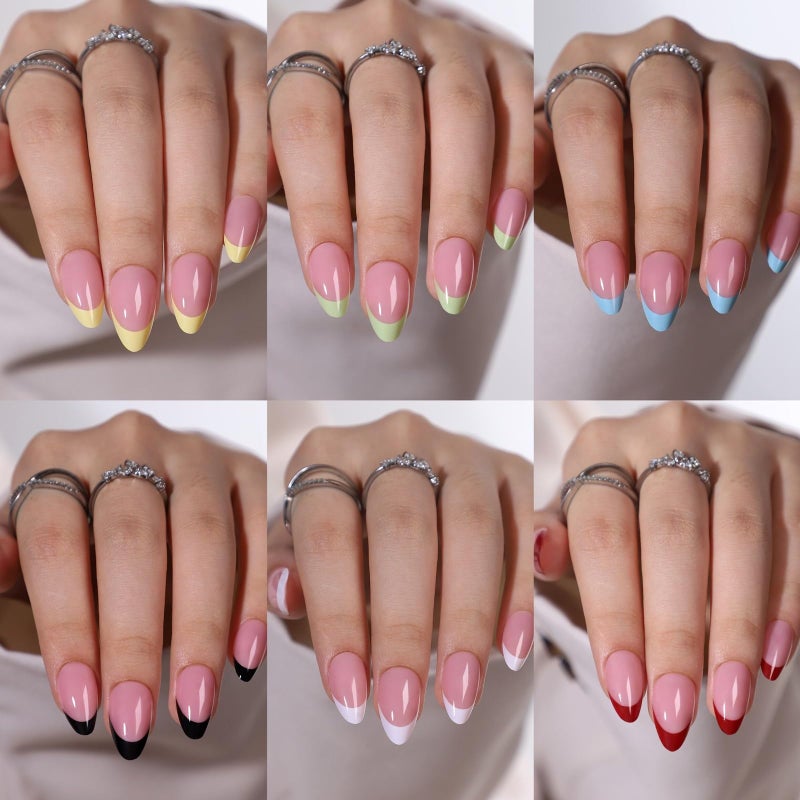 CTTHNBD 6 Packs (144 Pcs) Press on Nails - Almond, French Tip, Medium, Glue on, Gel False Nails for Women - 12 Sizes, 6 Styles - Image 1