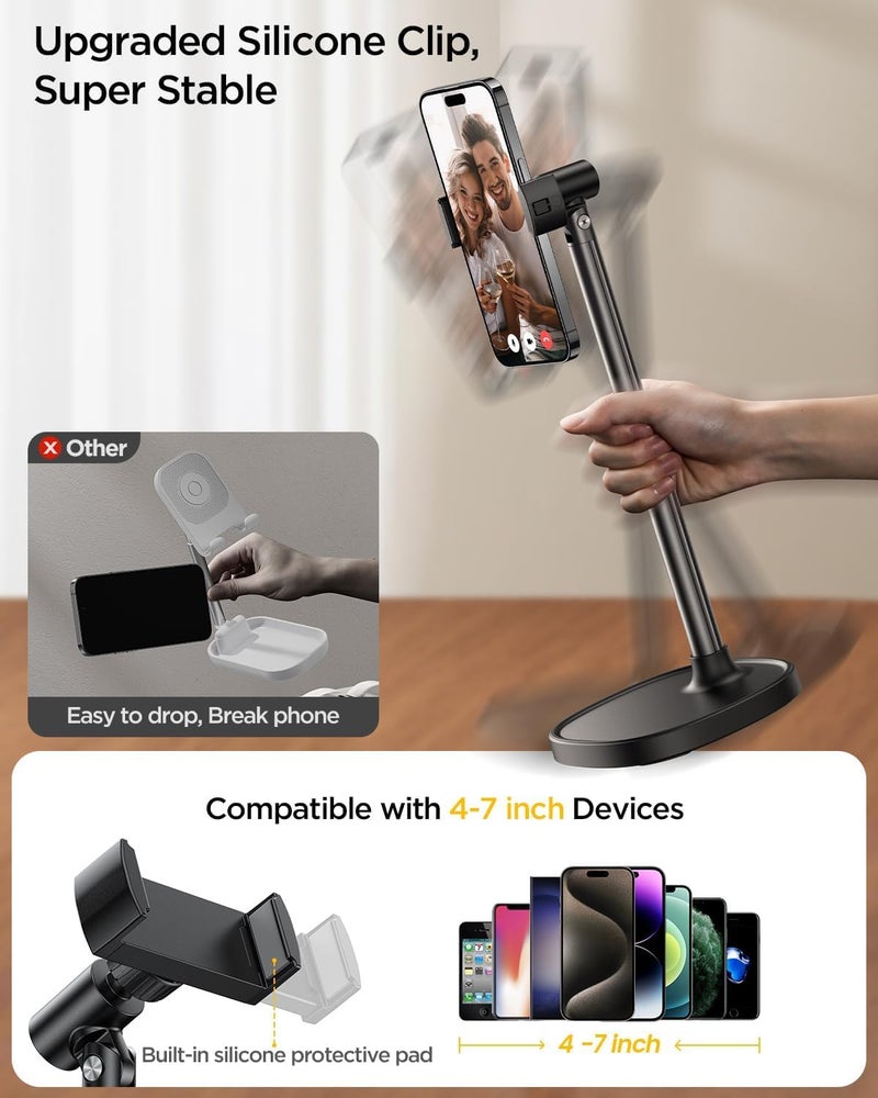 DIMONCOAT Phone Stand for Desk, Angle Height Adjustable Phone Holder for Desk, Aluminum Alloy Universal iPhone Holder, Retractable Cell Phone Stand Recording Office for iPhone 17 16 15 Pro Max S26 - Image 5