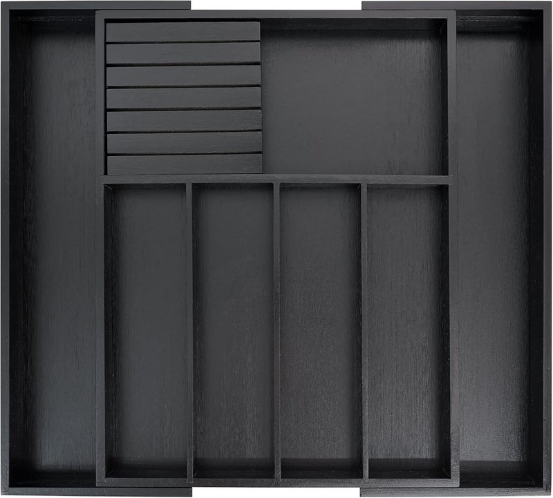 VaeFae Bamboo Silverware Drawer Organizer Kitchen, Expandable Utensil Holder and Cutlery Tray with Divider | 13"-21.6" Flatware Storage and Removable Knife Block (Black) - Image 1