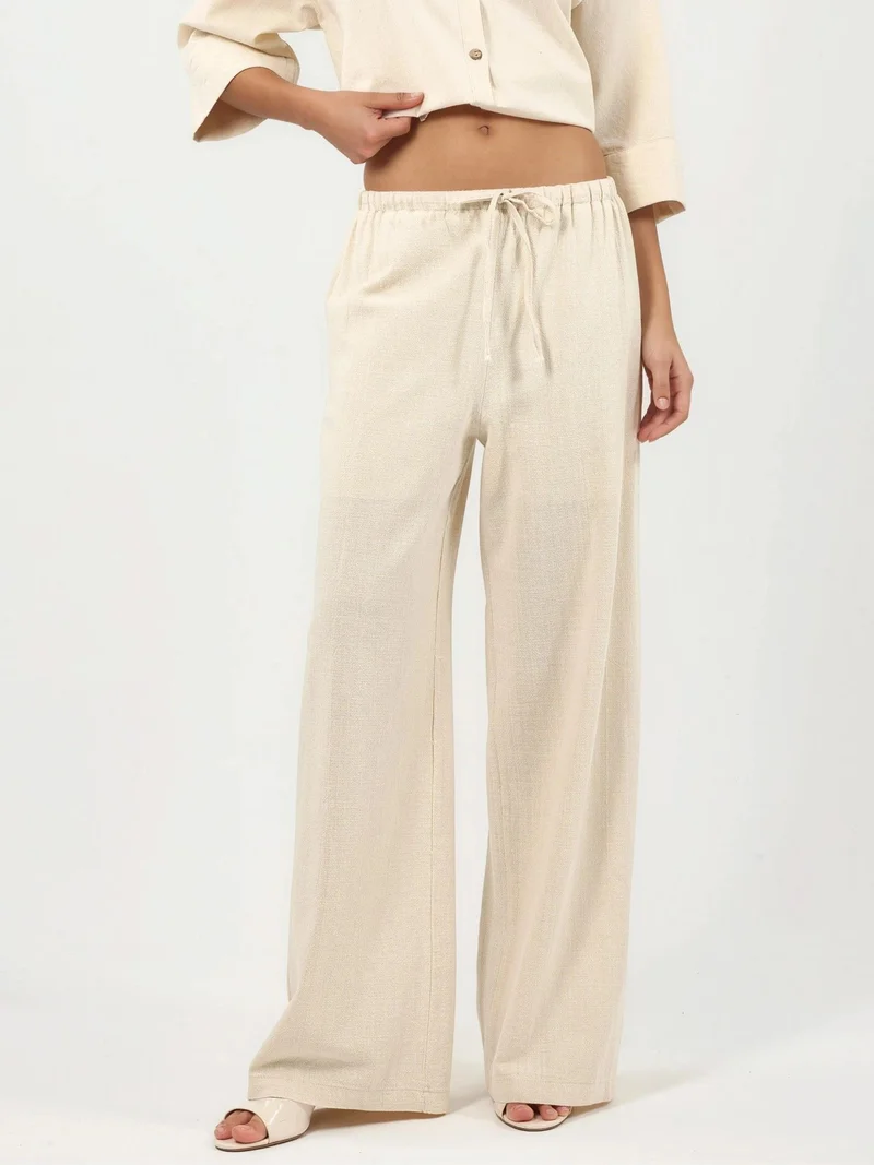 كيوستايل QU STYLE Wide Leg Cotton Trousers with Drawstring Waist