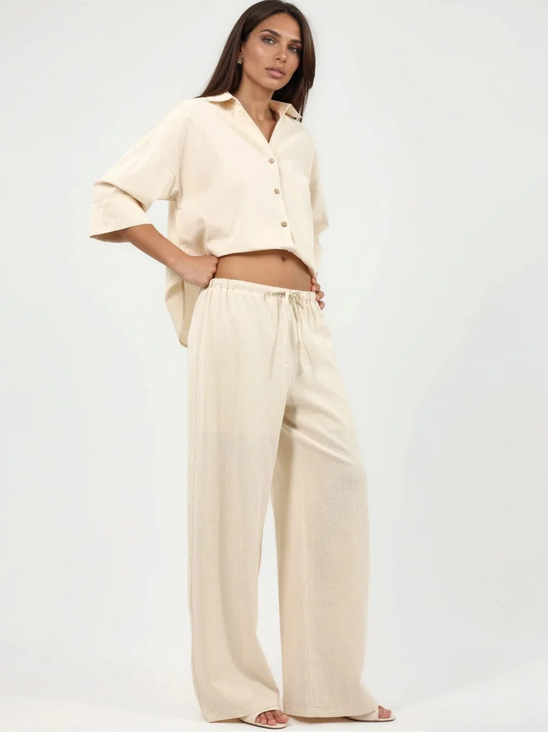 كيوستايل QU STYLE Wide Leg Cotton Trousers with Drawstring Waist
