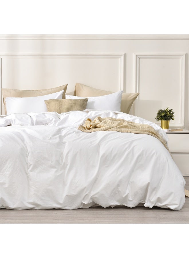 PHF 100% 3pcs Garment Washed Cotton Duvet Cover Queen Size (230cm x 230cm) with 2 Pillowcases (50cm x 66cm), Linen Like Breathable Durable Soft, White - Image 1