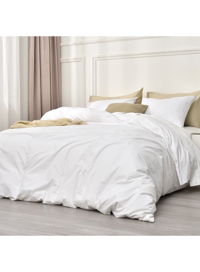 PHF 100% 3pcs Garment Washed Cotton Duvet Cover Queen Size (230cm x 230cm) with 2 Pillowcases (50cm x 66cm), Linen Like Breathable Durable Soft, White - Image 2